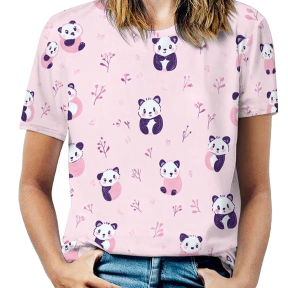 Cute Panda Floral Print Women's T-Shirt Short Sleeve T Shirts Tops Tee Ladies Loose T