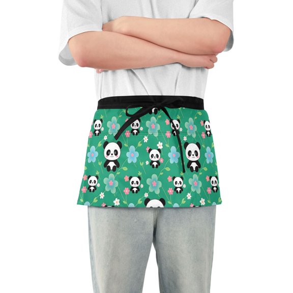 Cute Panda Flower Leaves Server Apron with 3 Pockets Waterproof Waitress Waist Short Apron for Man Woman 12 Inches