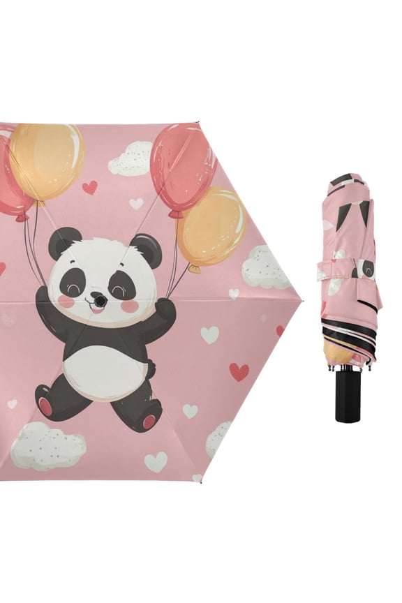Cute Panda Flying with Balloons Valentine All Weather Umbrella Triple Folding Parasol 6 Ribs UV Protection Portable