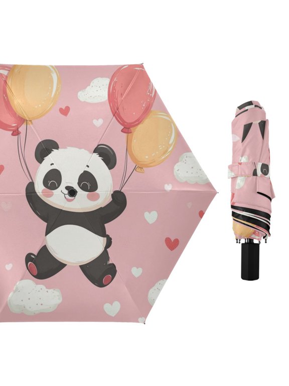 Cute Panda Flying with Balloons Valentine All Weather Umbrella Triple Folding Parasol 6 Ribs UV Protection Portable