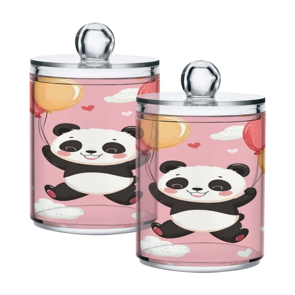 Cute Panda Flying with Balloons Valentine Translucent Plastic Cans Storage Canisters with Lid Set of 2