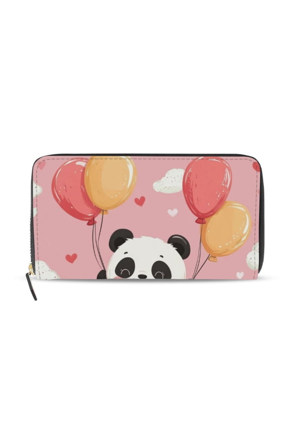 Cute Panda Flying with Balloons Valentine Women's Long Zipper Wallet Bifold Clutch Purse PU Leather Card Cases
