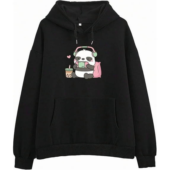 Cute Panda Graphic Oversized Hoodies For Teen Girls Kawaii Cartoon Sweatshirt Women Casual Cotton Fleece Pullover
