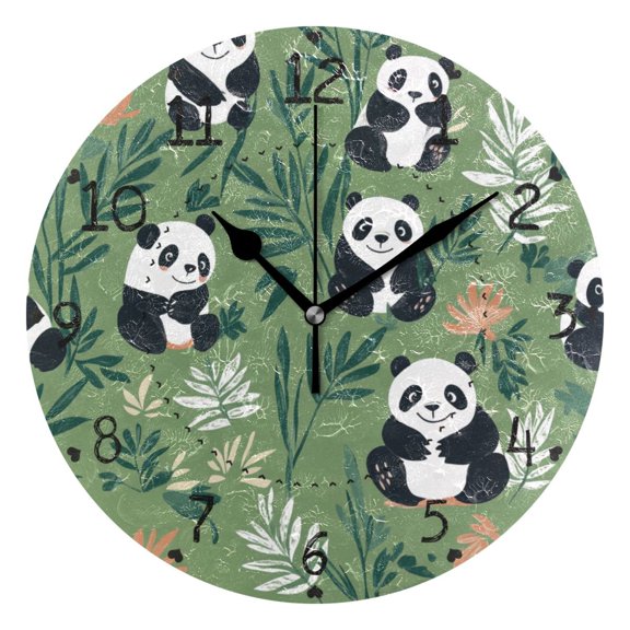 Cute Panda Green Bottom Round Wall Clock Silent Battery Operated Home Decor for Living Room Bedroom