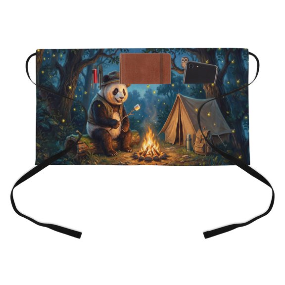 Cute Panda Half Waist Apron Watercolor Forest Scenery Funny Owl Campfire Tent Short Waiter Aprons with 3 Pockets for Women Men Kitchen Restaurant Cooking