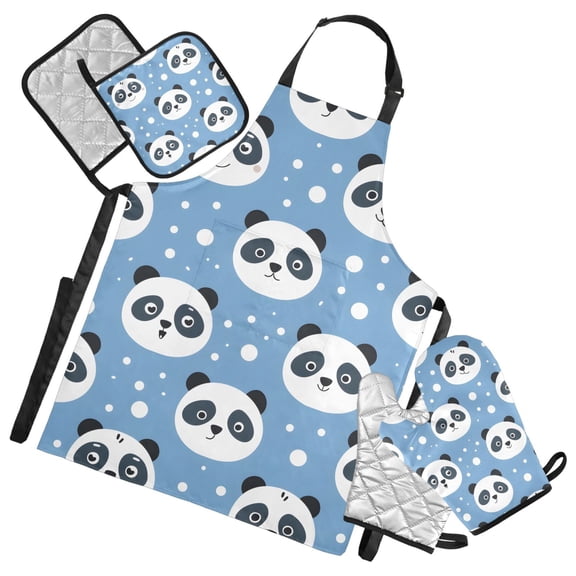 Cute Panda Head 5 Pcs Kitchen Set Heat Resistant Oven Mitts and Non-Slip Pot Holders with Adjustable Cooking Apron