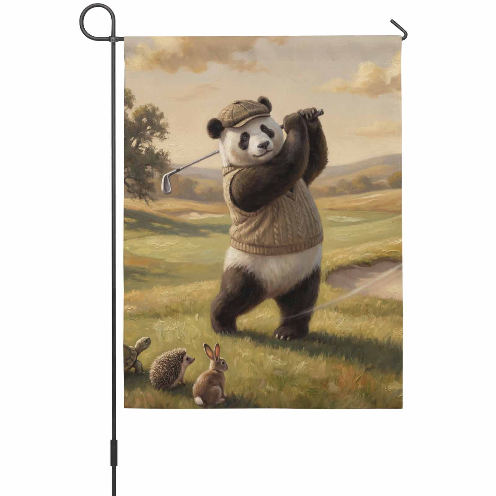 Cute Panda House Flag 28 x 40 Inches, Watercolor Pastoral Scenery Funny Hedgehog Rabbit Golf Weather Proof Outdoor Patio Flags Double Sided Small House Decoration for Yard Lawn Outside Home