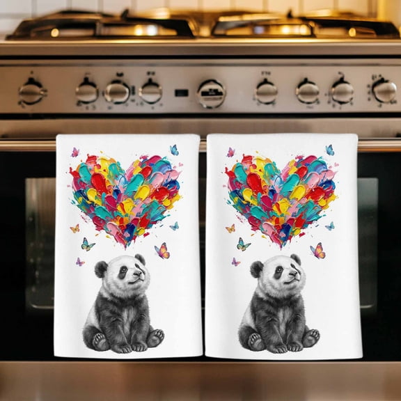 Cute Panda Kitchen Towels Set of 2, Modern Abstract Oil Painting Love Heart Absorbent Dish Towels for Kitchen, Microfiber Hand Towel, Quick Drying Tea Towel for Cleaning Decorative Dishcloths