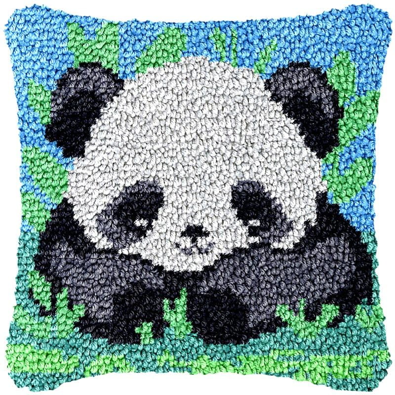 Cute Panda Latch Hook Pillow Cover Kits for DIY Handmade Throw Pillow Cross Stitch Latch Hook Pillowcase Rug Kits with Preprinted Color Pattern Canvas Crochet Yarn Kits 17''X 17''(ch146)