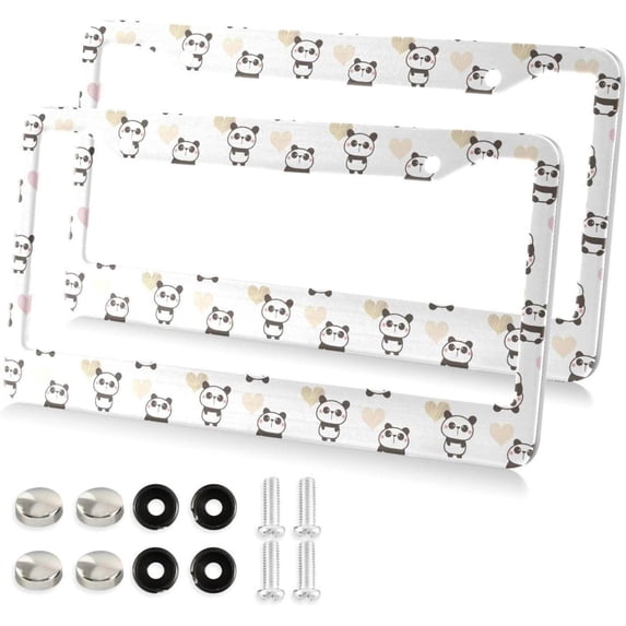 Cute Panda License Plate Frame, Decorative Aluminum Car Tag Frames, 2 Pack Universal Car License Plate Covers with 2 Holes and Screws