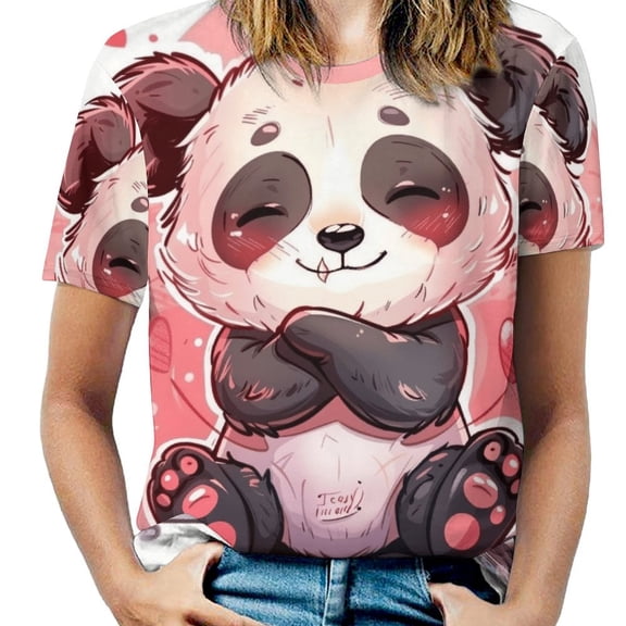 Cute Panda Love Hearts Womens Tops Women's Fashion Casual Short Sleeve Flower Print Round Neck Pullover Top Blouse