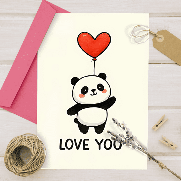 Cute Panda "Love You" Greeting Card - Adorable Design with Heart Balloon - Blank Inside, Envelope Included - Perfect for All Occasions