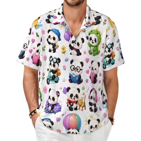 Cute Panda Men's Shirts Short-Sleeved with All-Over Prints Button-Up Shirts
