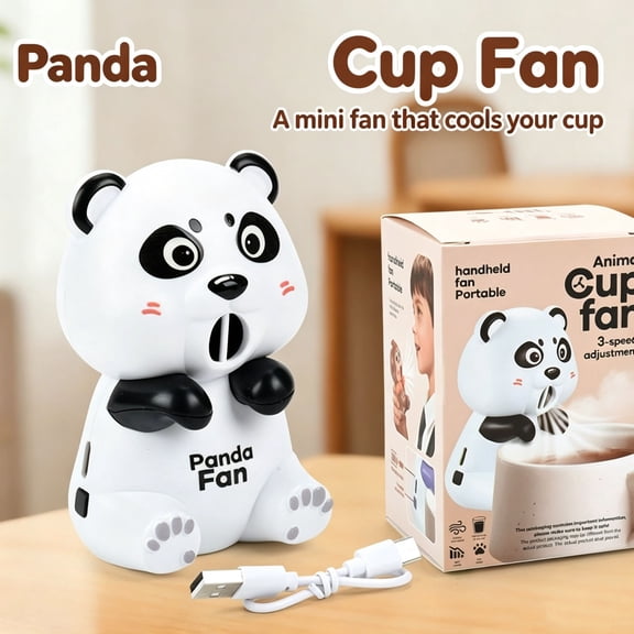 Cute Panda Mini Clip on Cup Fan, Type-C Rechargeable Portable Personal Fan with Quiet Motor, Durable Plastic Clip-on Design for Hot Drinks Food Cooling Desk Office Monitor Travel Multi-Scene Use