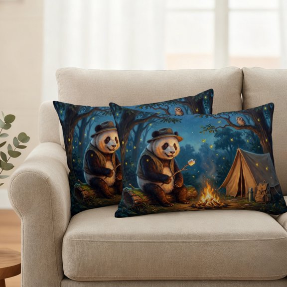 Cute Panda Outdoor Pillow Covers 20"x12" Set of 2 Waterproof Throw Pillow Covers for Living Room Sofa Patio Garden Watercolor Forest Scenery Funny Owl Campfire Tent Faux Linen Cushion Case