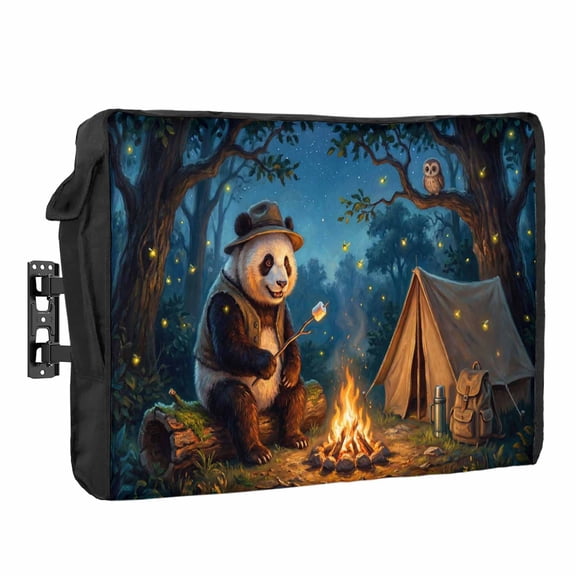 Cute Panda Outdoor TV Cover Watercolor Forest Scenery Funny Owl Campfire Tent Waterproof Weatherproof TV Screen Protector with Remote Control Pocket for 30 to 32 Inch Television Outside
