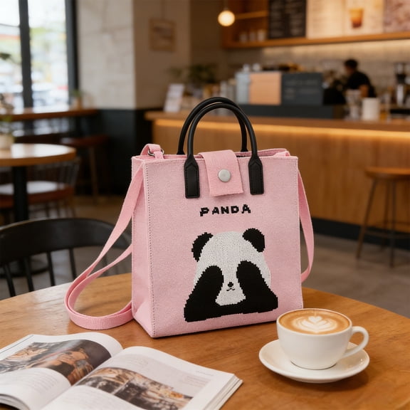 Cute Panda Pattern Canvas Tote Bag, Soft Rubber Handle, 2-Way Handbag & Crossbody Bag for Daily Casual Use