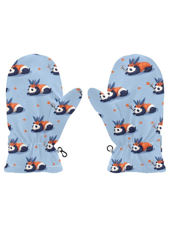 Cute Panda Pattern Cold Weather Mittens Warm Thick Fleece Lined Adjustable Snow Outdoor Winter Medium Ages 4-6