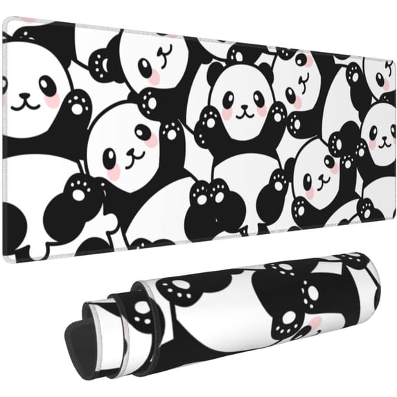 Cute Panda Print Mouse Pad Extended Large Gaming Mouse Pad XL Oversized Desk Pad Stitched Edges Non-Slip Mat 31.5 X 11.8 Inch