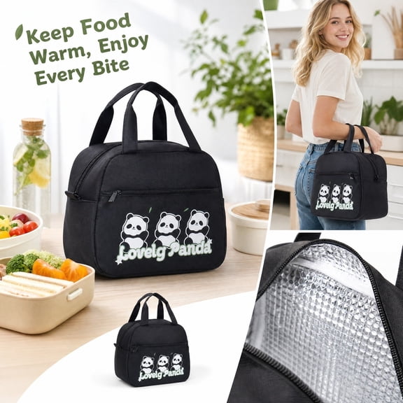 Cute Panda Printed Insulated Lunch Bag, Portable Waterproof Thermal Tote with Thick Aluminum Liner, Reusable Food Storage Cooler Bag for Picnic Office Travel