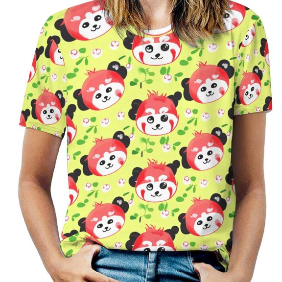 Cute Panda Red Fox Pattern Womens Tops Women's Fashion Casual Short Sleeve Flower Print Round Neck Pullover Top Blouse