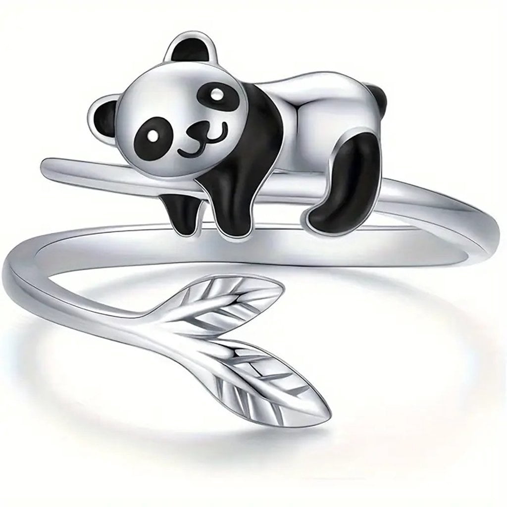 Pandi Rind Cute Panda Ring Adjustable Silver Tone Lazy Bear Bamboo Tree Branch ...