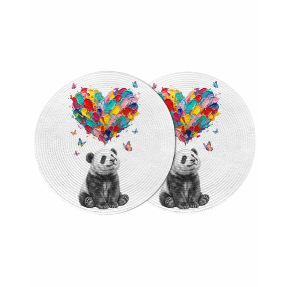Cute Panda Round 13 Inch Placemats Set of 2, Modern Abstract Oil Painting Love Heart HeatResistant Non Slip Place Mats for Dining Table, Wipeable Braided Kitchen Table Mats for Housewarming