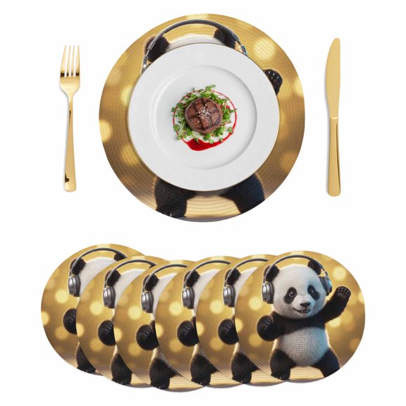 Cute Panda Round 13 Inch Placemats Set of 6, Funny Abstract Animals Print HeatResistant Non Slip Place Mats for Dining Table, Wipeable Braided Kitchen Table Mats for Housewarming