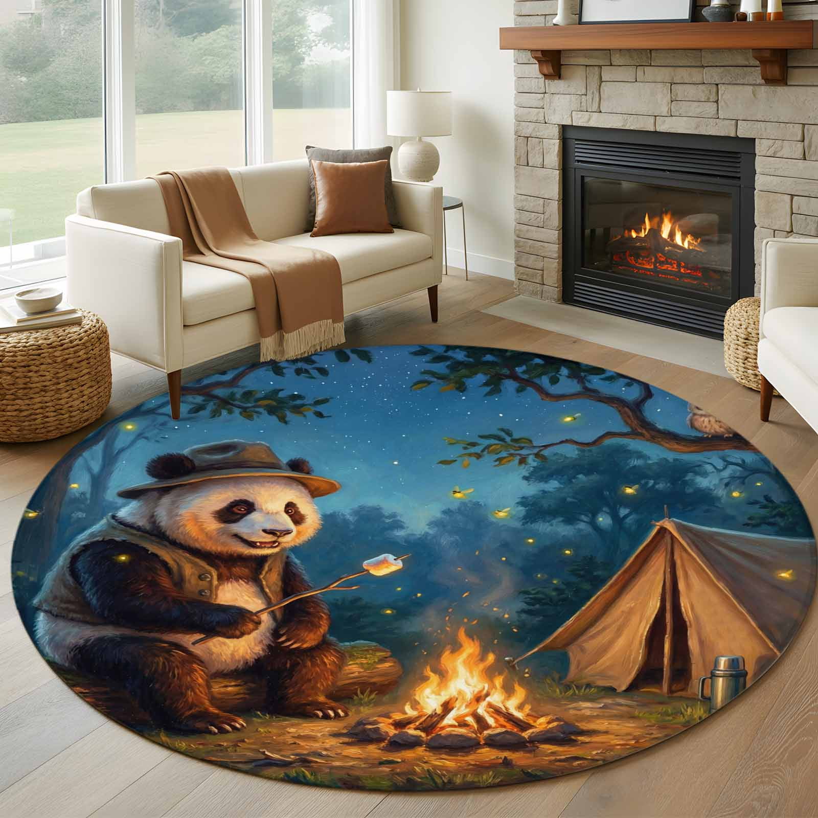 Cute Panda Round Rugs for Living Room 6ft Watercolor Forest Scenery ...