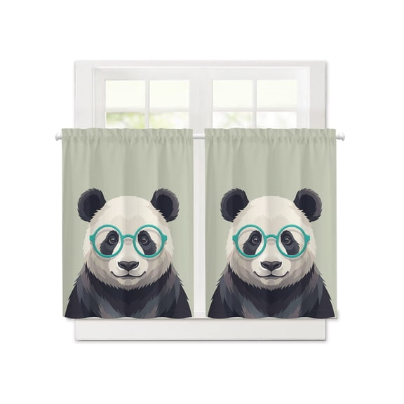Cute Panda on Sage Green Short Blackout Curtains 45 Inch Long,Country Farmhouse Animal Rod Pocket Kitchen Curtains,2 Panels Thermal Insulated Room Darkening Drapes for Bedroom,30"W x 45"L