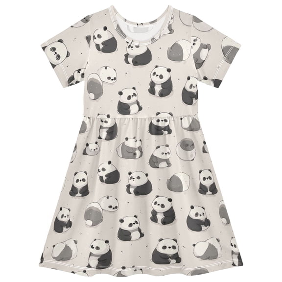 Cute Panda Short Sleeve Dress A-Line Cute Midi Casual Sundress 2-8 Years