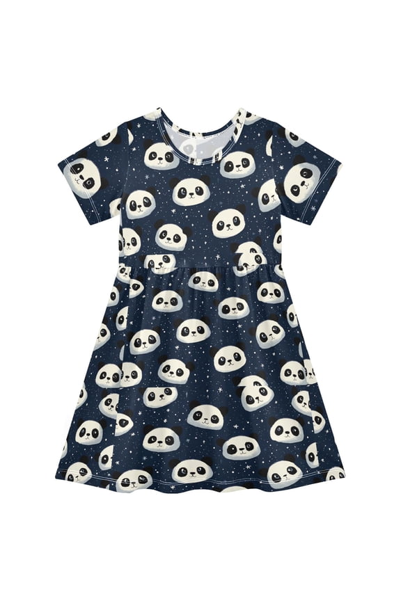 Cute Panda Short Sleeve Dress A-Line Cute Midi Casual Sundress 2-8 Years