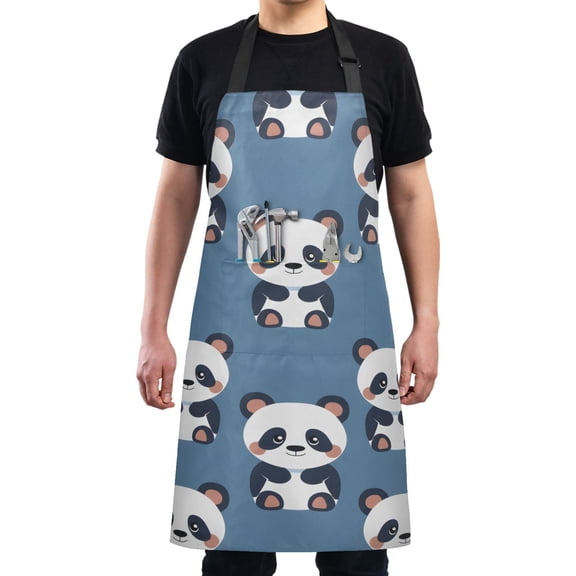 Cute Panda Sit Kitchen Apron with 2 Pockets Adjustable waterproof Cooking Aprons for Women Men Chef