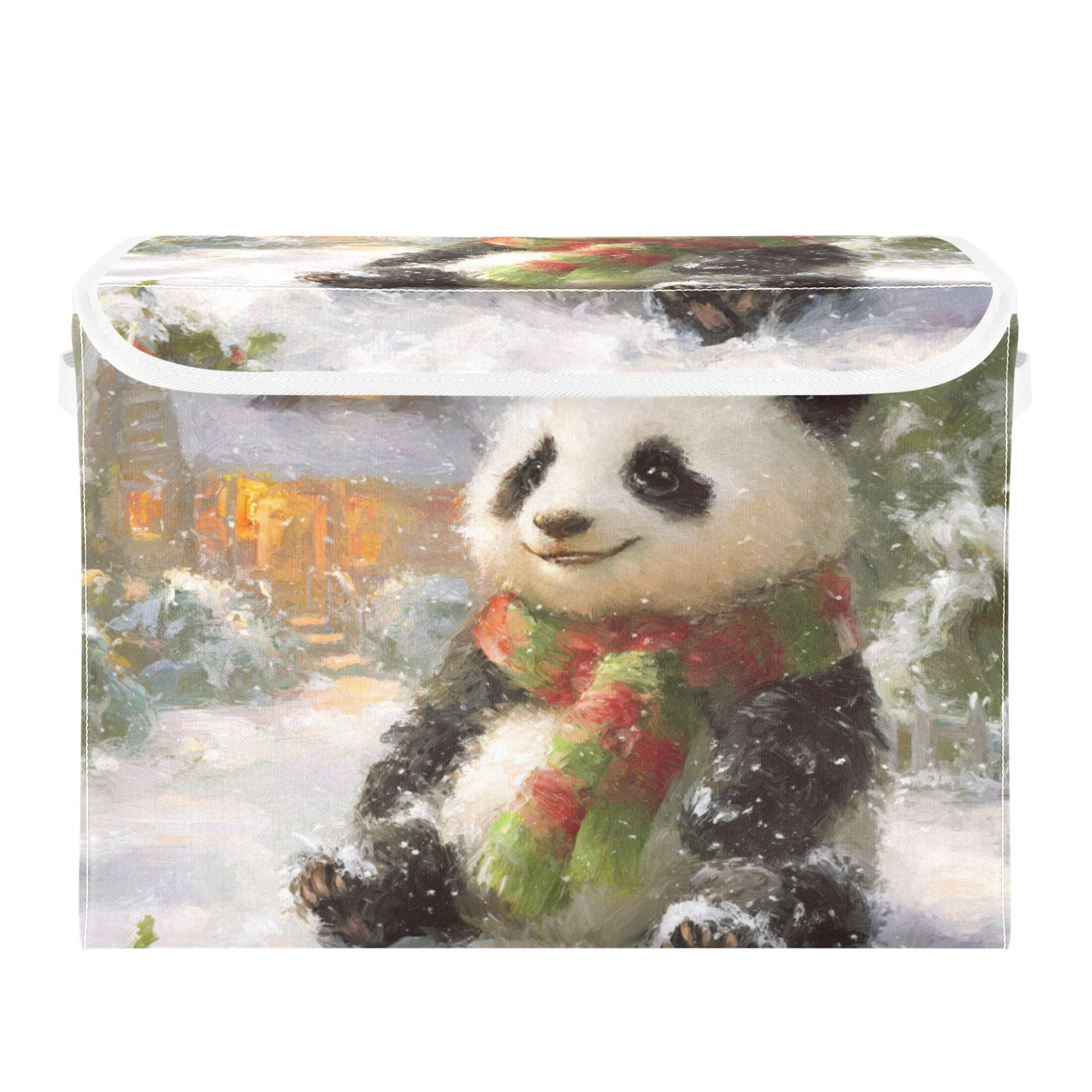Cute Panda Sitting Snowy Day Foldable Storage Bins with Lids Handles ...