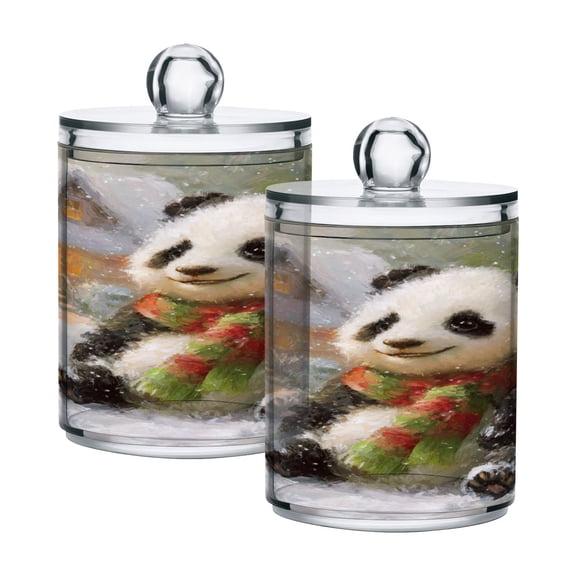 Cute Panda Sitting Snowy Day Translucent Plastic Cans Storage Canisters with Lid Set of 2