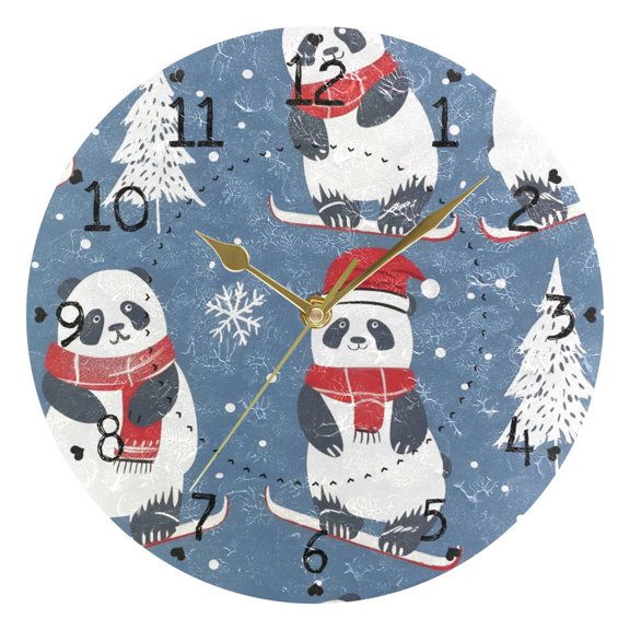 Cute Panda Skiing Snow Trees Round Wall Clock Silent Analog Battery Operated Gold Pointer Home Decor 9.84" Diameter