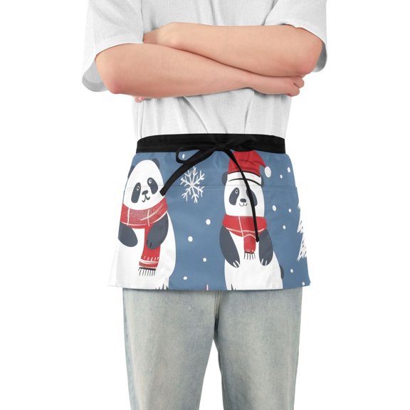Cute Panda Skiing Snow Trees Short Server Apron with 3 Pockets for Unisex Chef Gardening