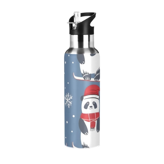 Cute Panda Skiing Snow Trees Sports Bottle with Straw Stainless Steel Water Jug Portable Thermal Cup Leak-proof 600ML