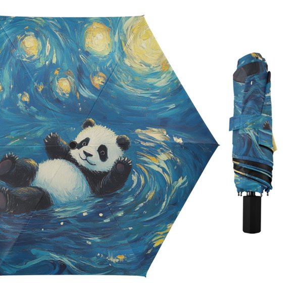 Cute Panda Starry Night Style All Weather Umbrella Triple Folding Parasol 6 Ribs UV Protection Portable