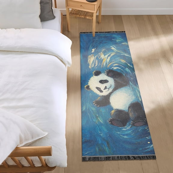 Cute Panda Starry Night Style Bedside Runner Rug 2'x 6' Non Slip Carpet Floor Mat Area Rug