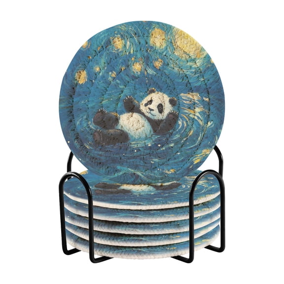 Cute Panda Starry Night Style Drinking Coasters Cup Mat with Holder for Kitchen Cafe Bar 6 Packs
