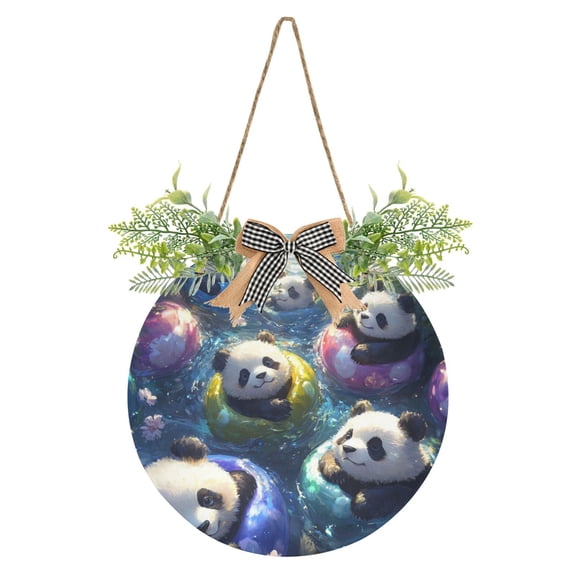Cute Panda Swimming Front Door Porch Decoration Hanging Sign with Artificial Green Plants and Bow for Home Outdoor Indoor