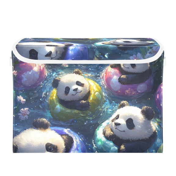 Cute Panda Swimming Large Storage Bins with Linen Collapsible Lid Storage Box 16.7 x 12.6 x 11.8in