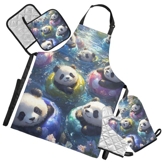 Cute Panda Swimming Oven Mitts and Pot Holders with Chef Apron Set 5 Pcs Kitchen Cooking Set