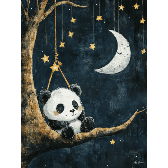 Cute Panda Swinging on Tree Branch Canvas Wall Art Perfect for Bedroom Living Room Nursery Kids Room and Playroom Decoration.