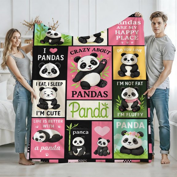 Cute Panda Throw Blanket, Cartoon Pandas with Funny Quotes, Pink Black and Green Patchwork Pattern, Panda Lover Home Decor Gift for Sofa Couch and Travel