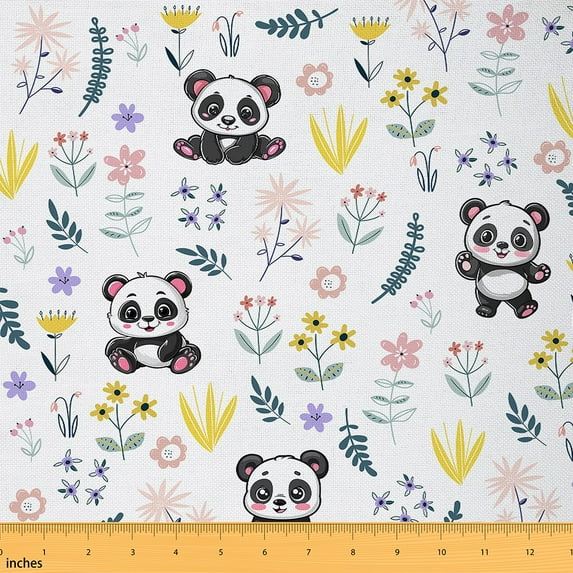 Cute Panda Upholstery Fabric,Rainbow Flower Floral Fabric By the Yard for Chair,Panda Bear Animal Indoor Outdoor Fabric,Vintage Farmhouse Style Decorative Fabric,Black White Pink,3 Yards