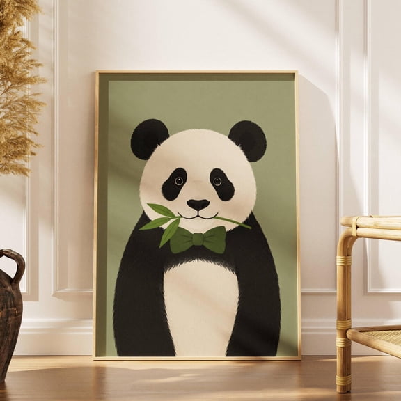 Cute Panda Wall Art Print, Panda With Bamboo Poster, Green Nursery Decor, Funny Animal Print, Kids Room Wall Art