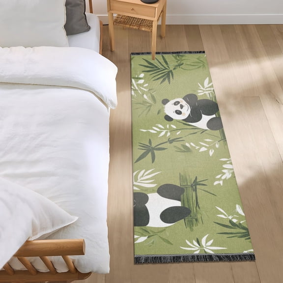 Cute Panda and Bamboo Leaf Bedroom Runner Rug 2'x 6' Non Slip Carpet Indoor Home Area Rug Living Room