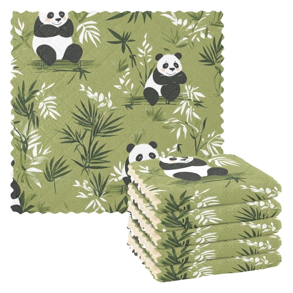 Cute Panda and Bamboo Leaf Kitchen Cloth Dish Towels for Drying Washing Absorbent Dish Rags 6 Pack